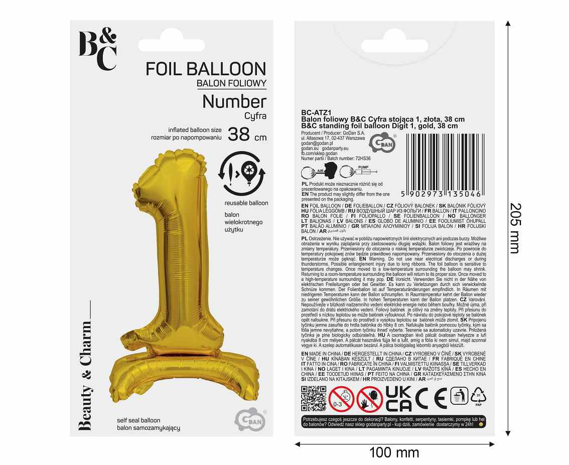 B&C foil balloon Standing digit 1, gold, 38 cm